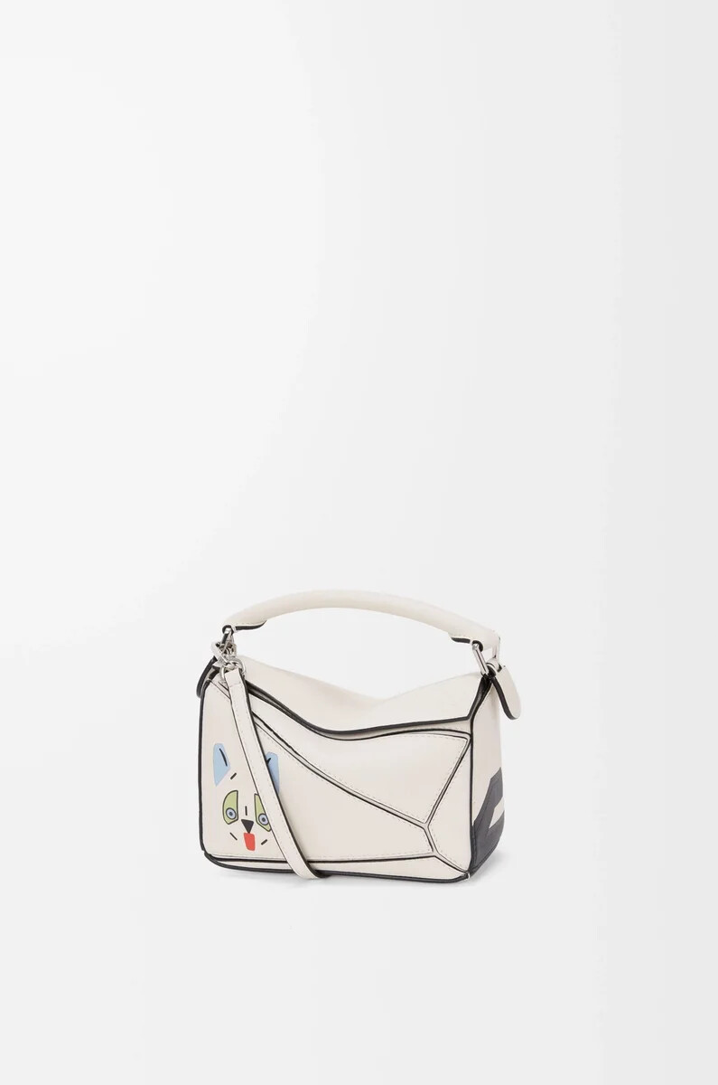 borsa futurist cat mini puzzle in pelle di vitello classica soft white