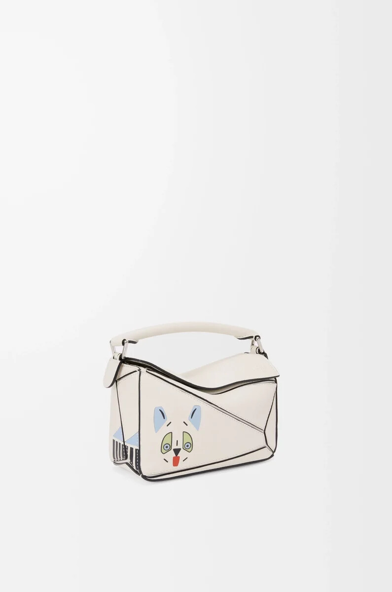 borsa futurist cat mini puzzle in pelle di vitello classica soft white