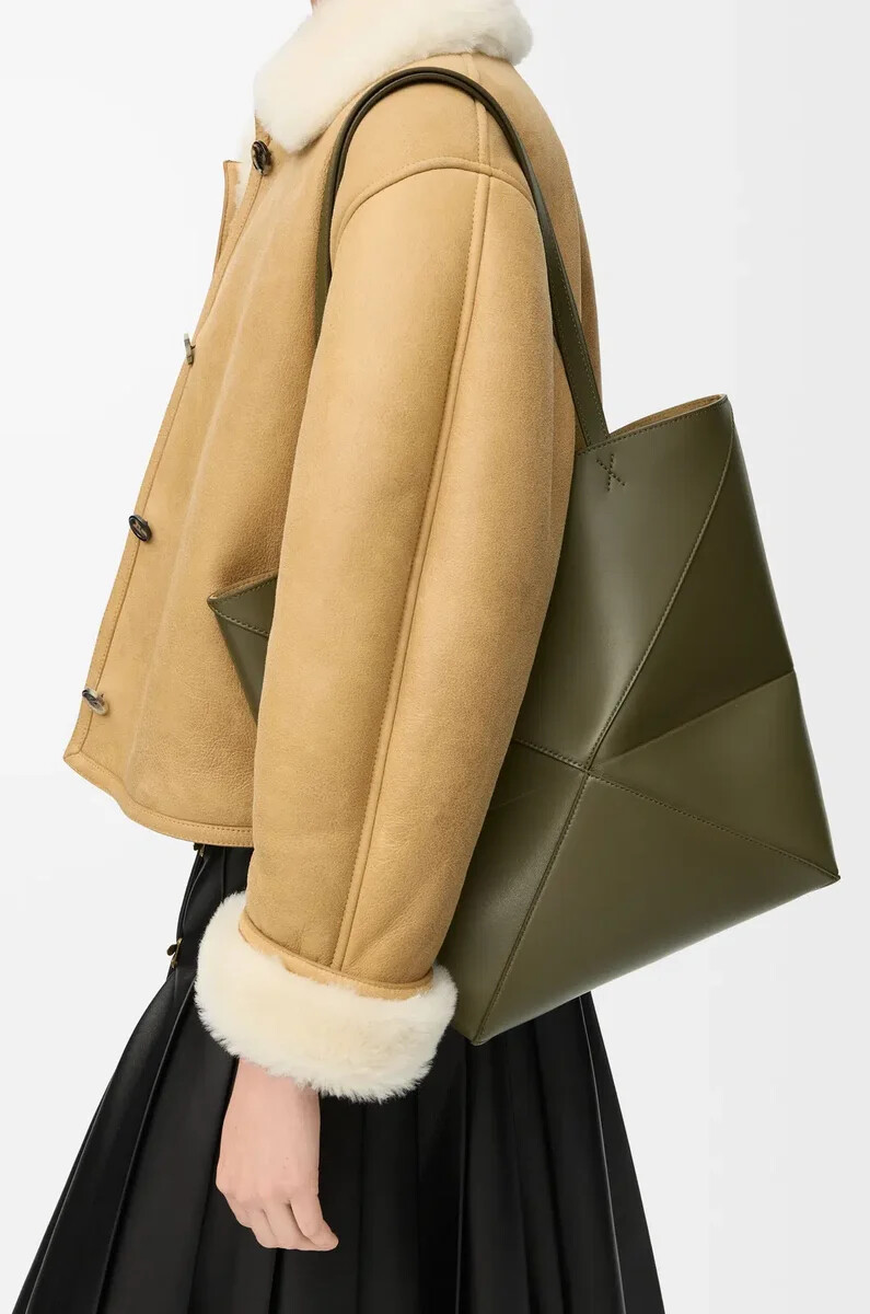 borsa media puzzle fold in pelle di vitello lucida dark khaki