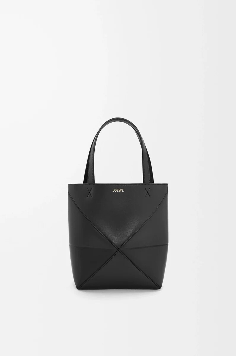 borsa mini puzzle fold in pelle di vitello lucida nero