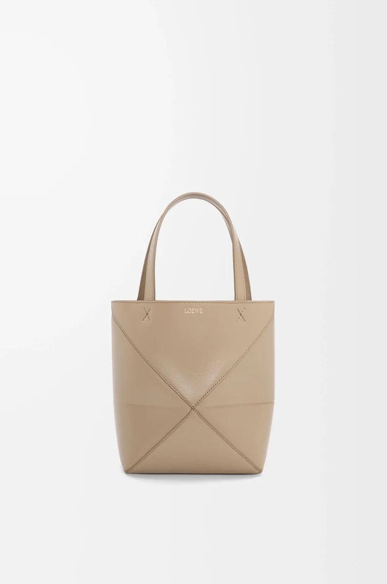borsa mini puzzle fold in pelle di vitello lucida sabbia