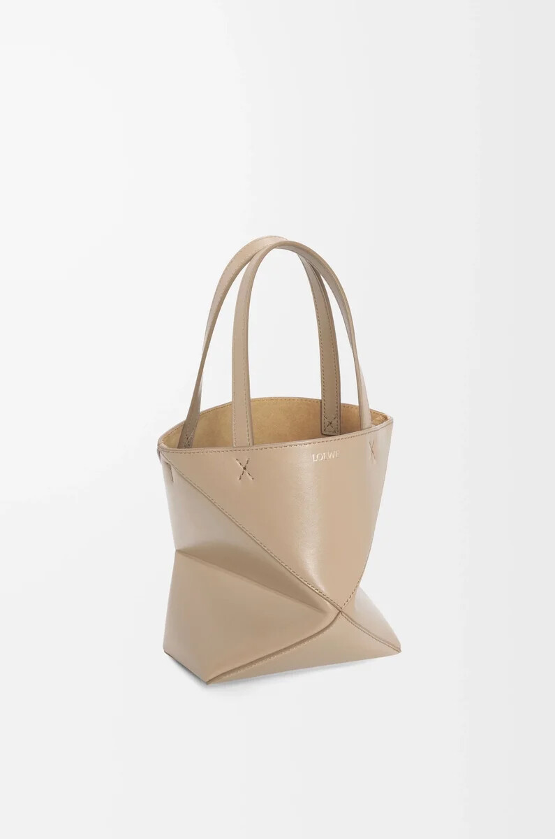 borsa mini puzzle fold in pelle di vitello lucida sabbia