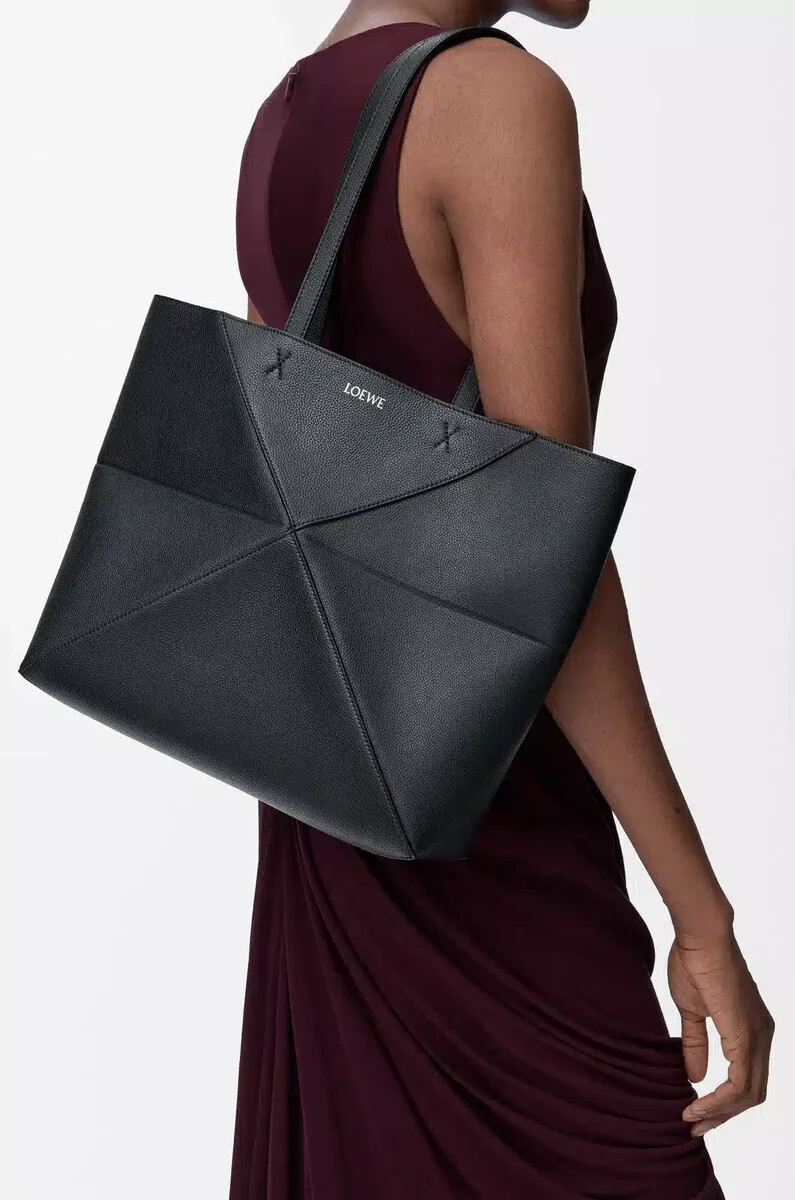 borsa tote puzzle fold orizzontale media in morbida pelle di vitello grana nera