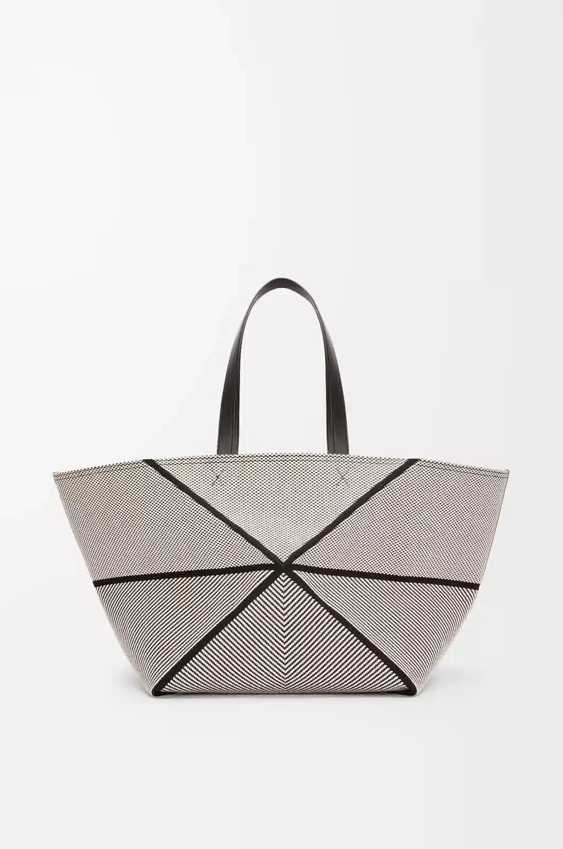 borsa tote xxl puzzle fold in tela jacquard e pelle di vitello naturalenero