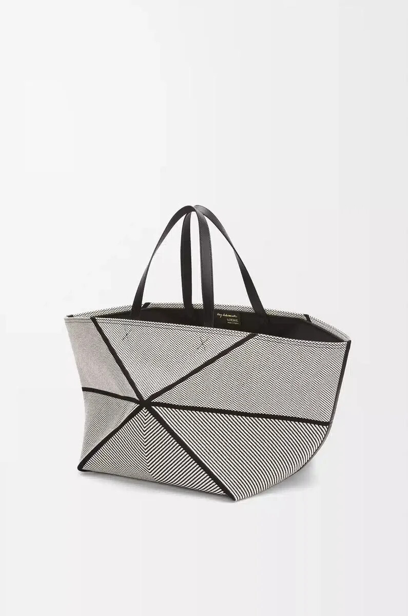 borsa tote xxl puzzle fold in tela jacquard e pelle di vitello naturalenero