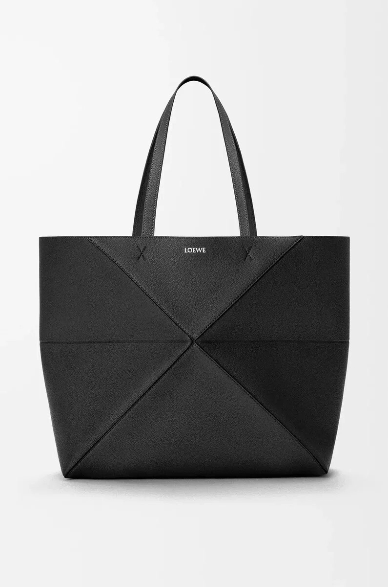 borsa tote puzzle fold orizzontale grande in morbida pelle di vitello grana nera