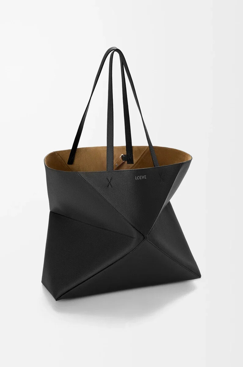borsa tote puzzle fold orizzontale grande in morbida pelle di vitello grana nera
