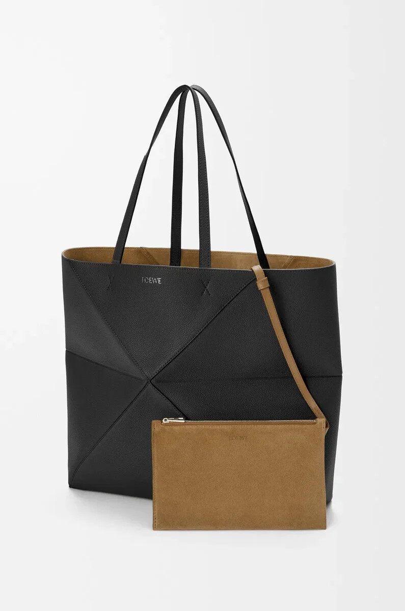 borsa tote puzzle fold orizzontale grande in morbida pelle di vitello grana nera