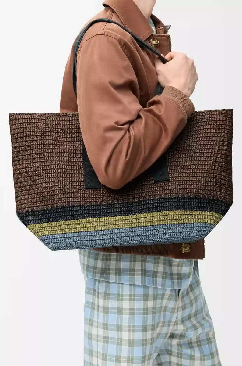 shopper pieghevole in rafia marronemulticolore