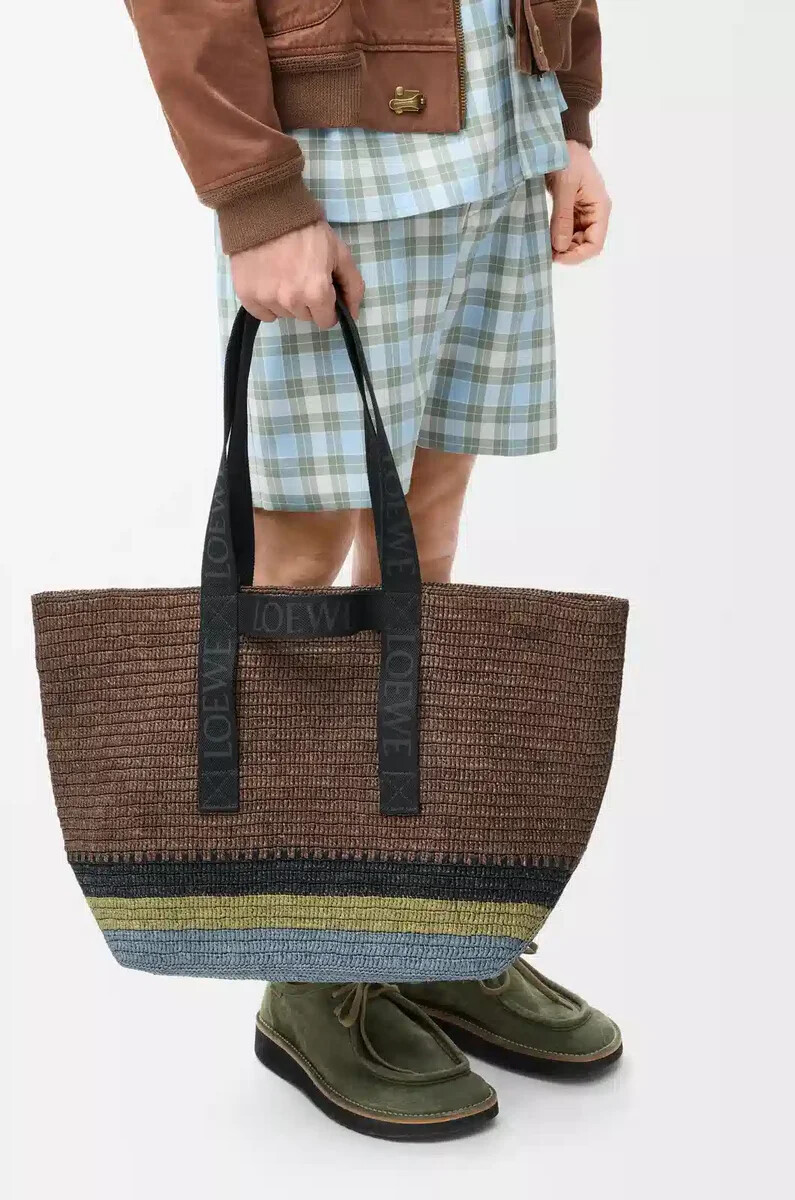 shopper pieghevole in rafia marronemulticolore