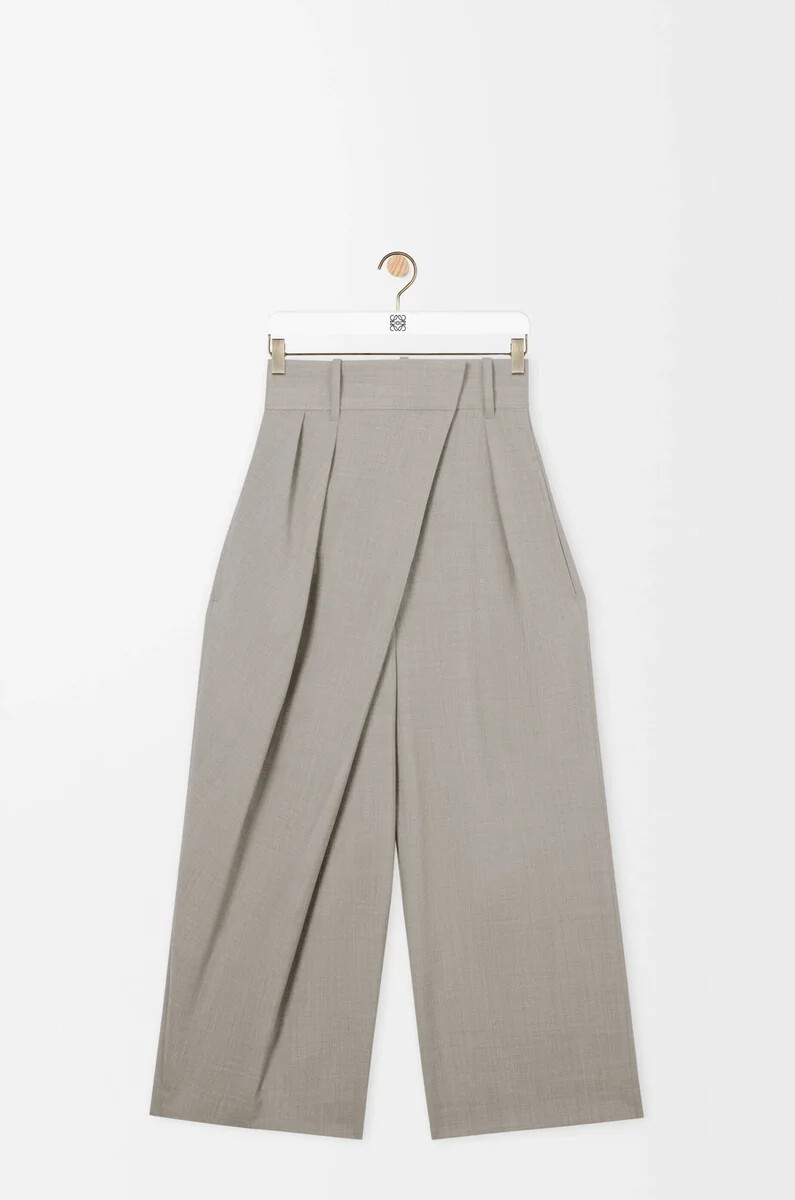 pantaloni cropped avvolgenti in lana light beige melange