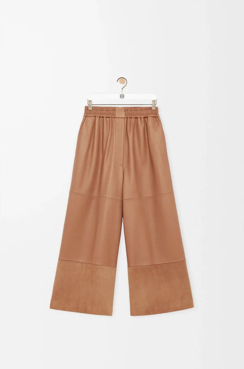 pantaloni cropped in nappa di agnello e pelle scamosciata di capra toffee