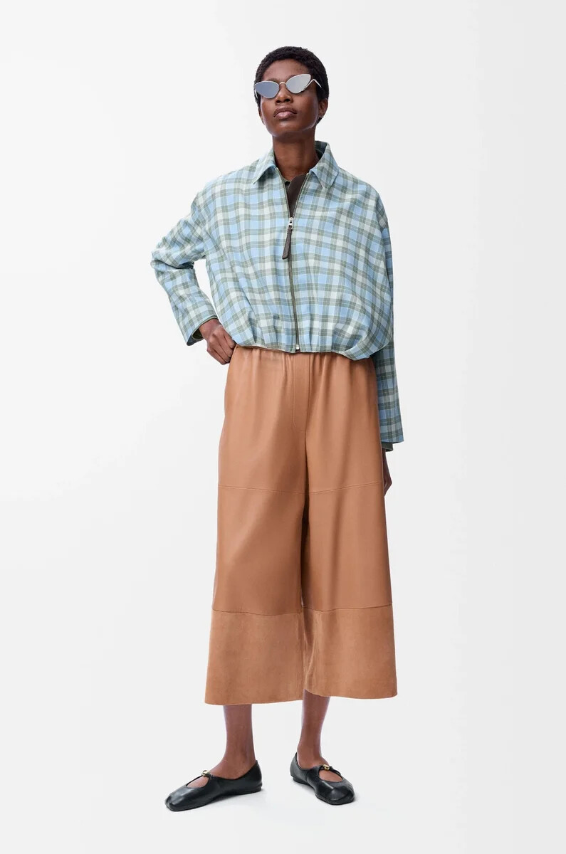 pantaloni cropped in nappa di agnello e pelle scamosciata di capra toffee