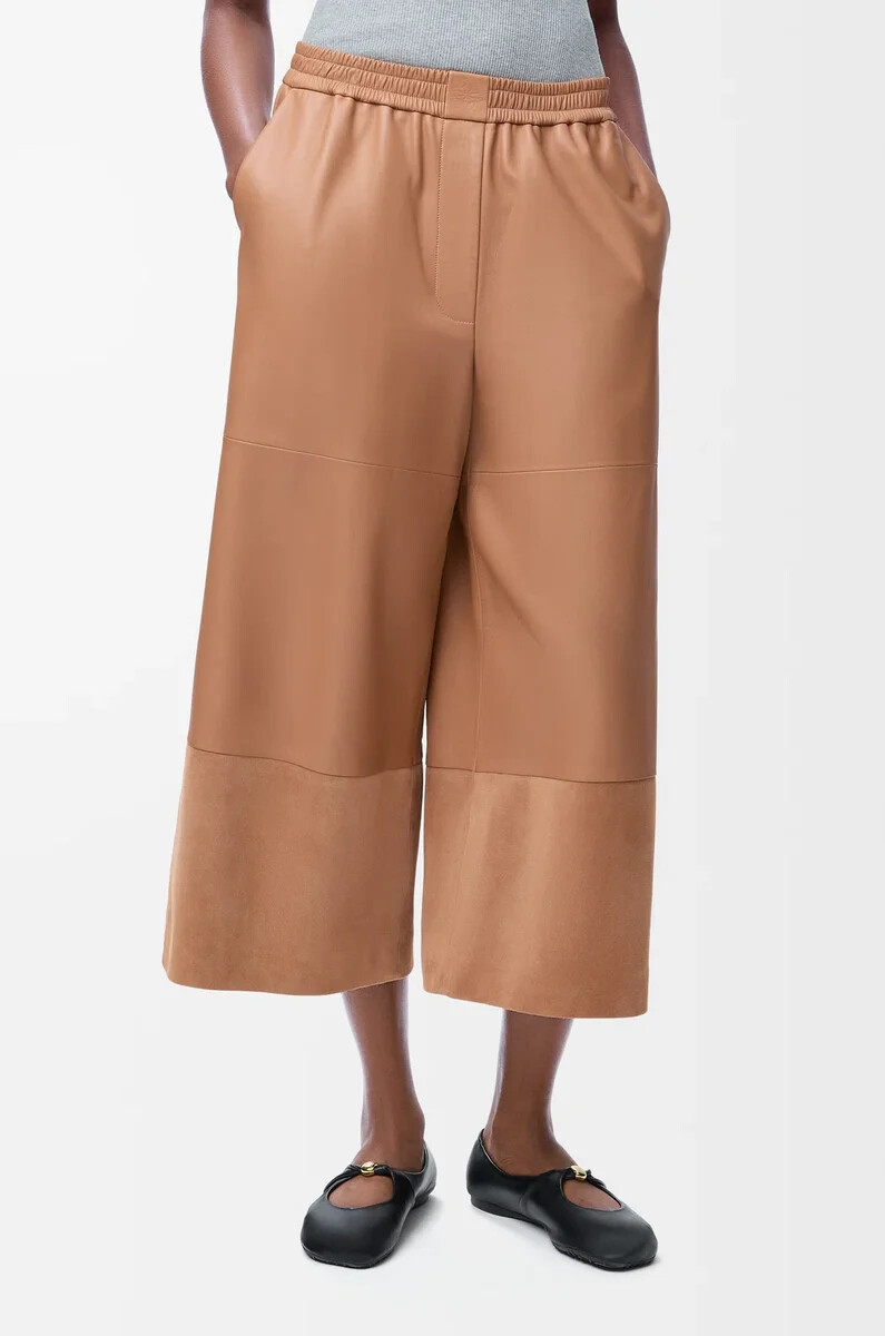 pantaloni cropped in nappa di agnello e pelle scamosciata di capra toffee
