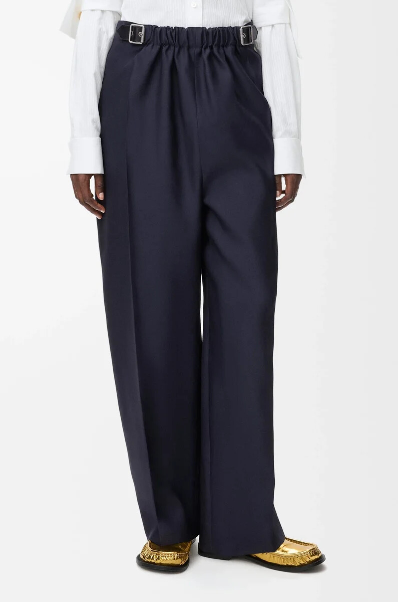 pantaloni con cintura in lana e seta blu navy