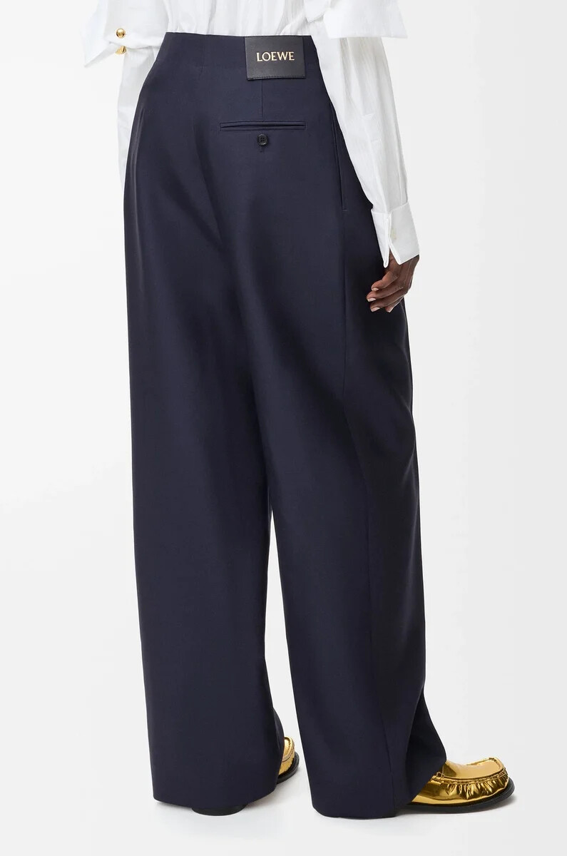 pantaloni con cintura in lana e seta blu navy