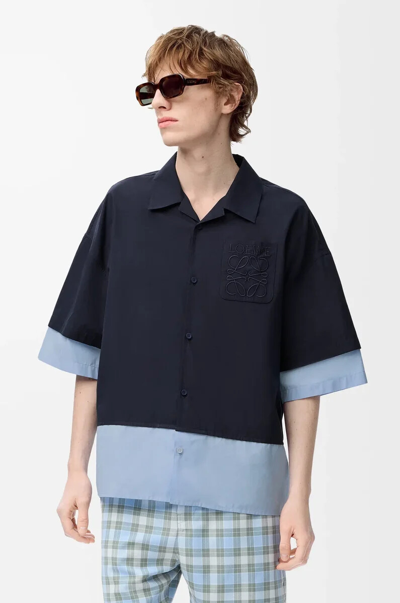 camicia a maniche corte in cotone blu scuroazzurro