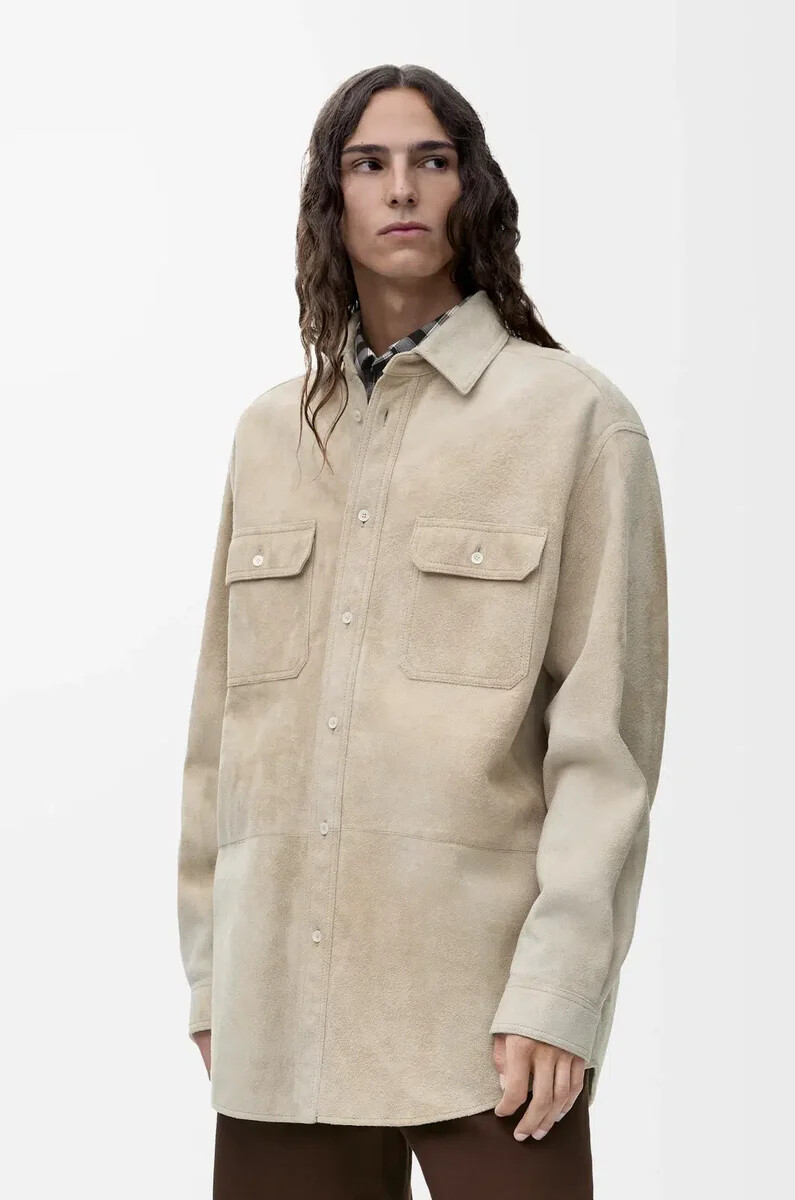 camicia in pelle di agnello scamosciata bianca