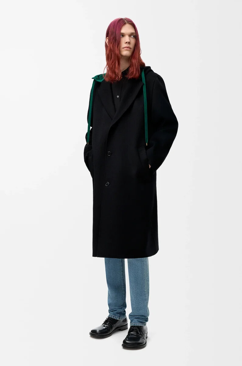 cappotto con cappuccio in lana e cashmere neroverde