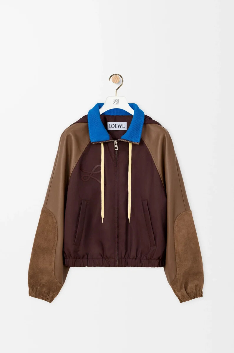 giubbotto bomber in nylon nappa di agnello e vitello scamosciato marrone