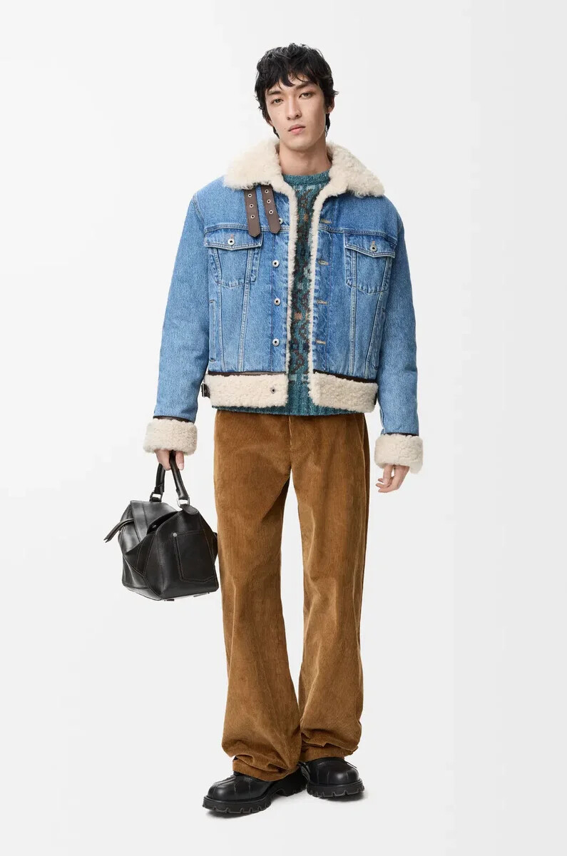 giacca da camionista in denim e shearling denim blue