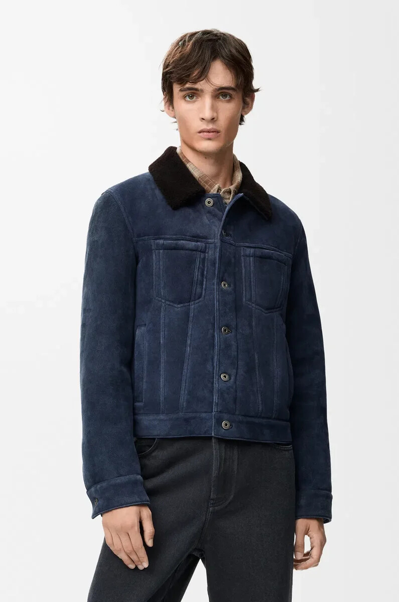 giacca da camionista in montone blu navymarrone