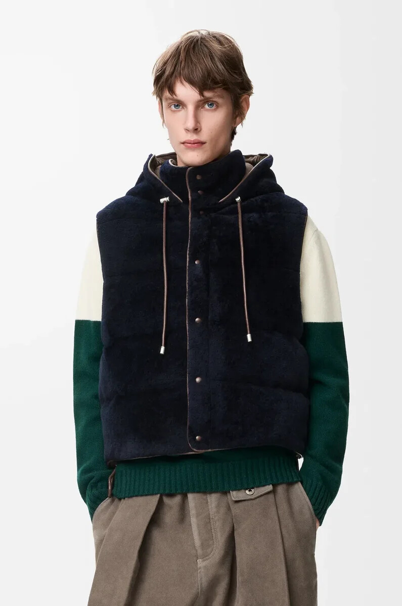 gilet imbottito in montone marroneblu navy