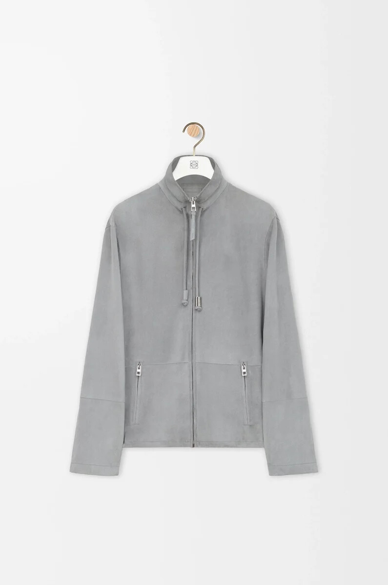 giacca con zip in pelle di agnello scamosciata grigio chiaro