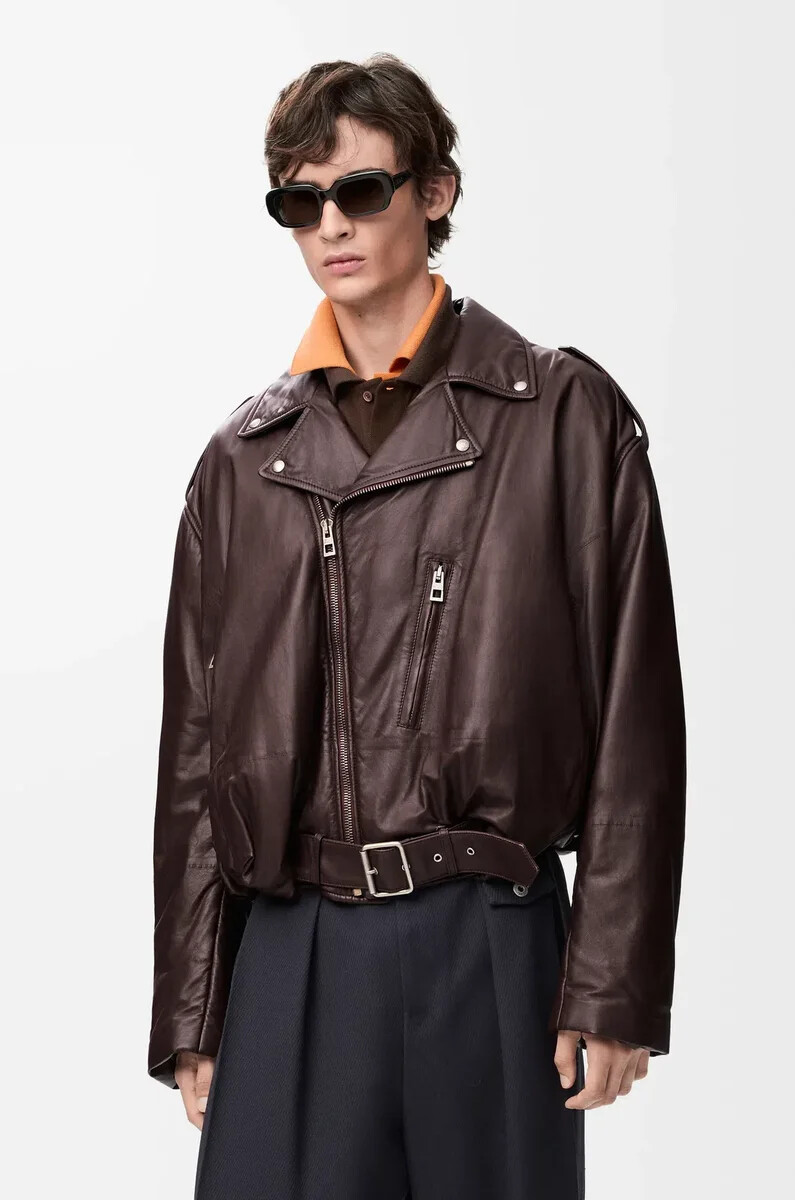 giacca biker balloon in nappa di agnello marrone scuro