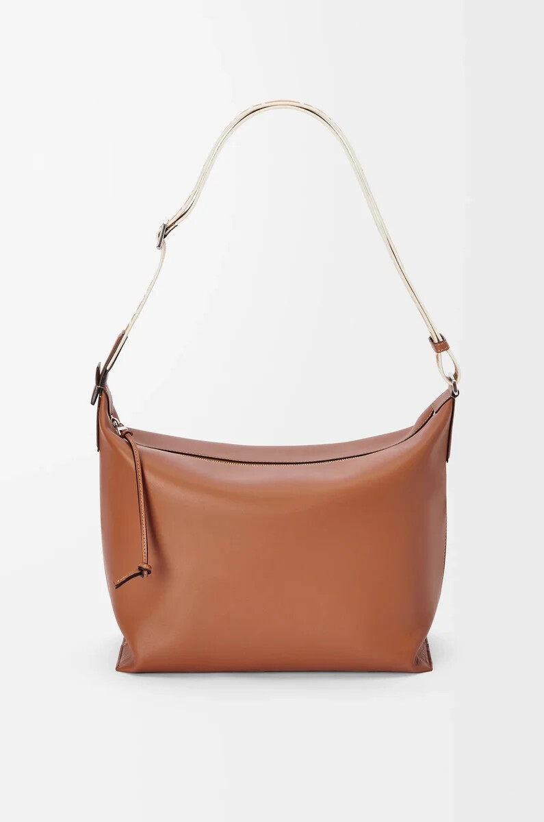 borsa a tracolla cubi in morbida pelle di vitello liscia e jacquard tan