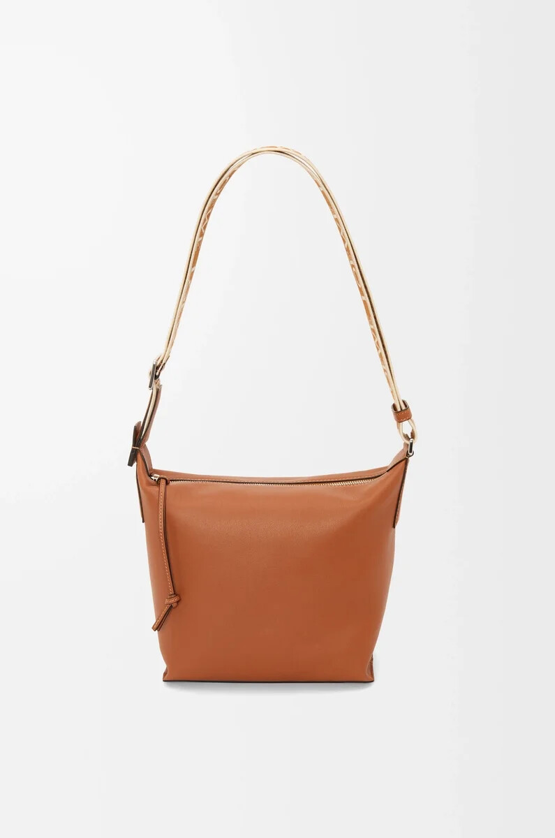 piccola borsa a tracolla cubi in morbida pelle di vitello liscia e jacquard color marrone chiaro