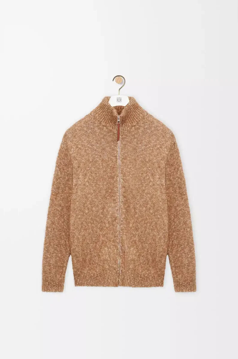 cardigan con zip in cotone lino e lana beige