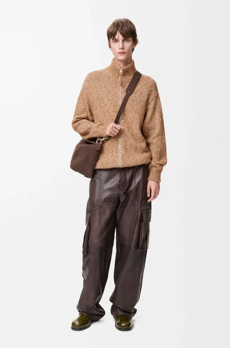 cardigan con zip in cotone lino e lana beige