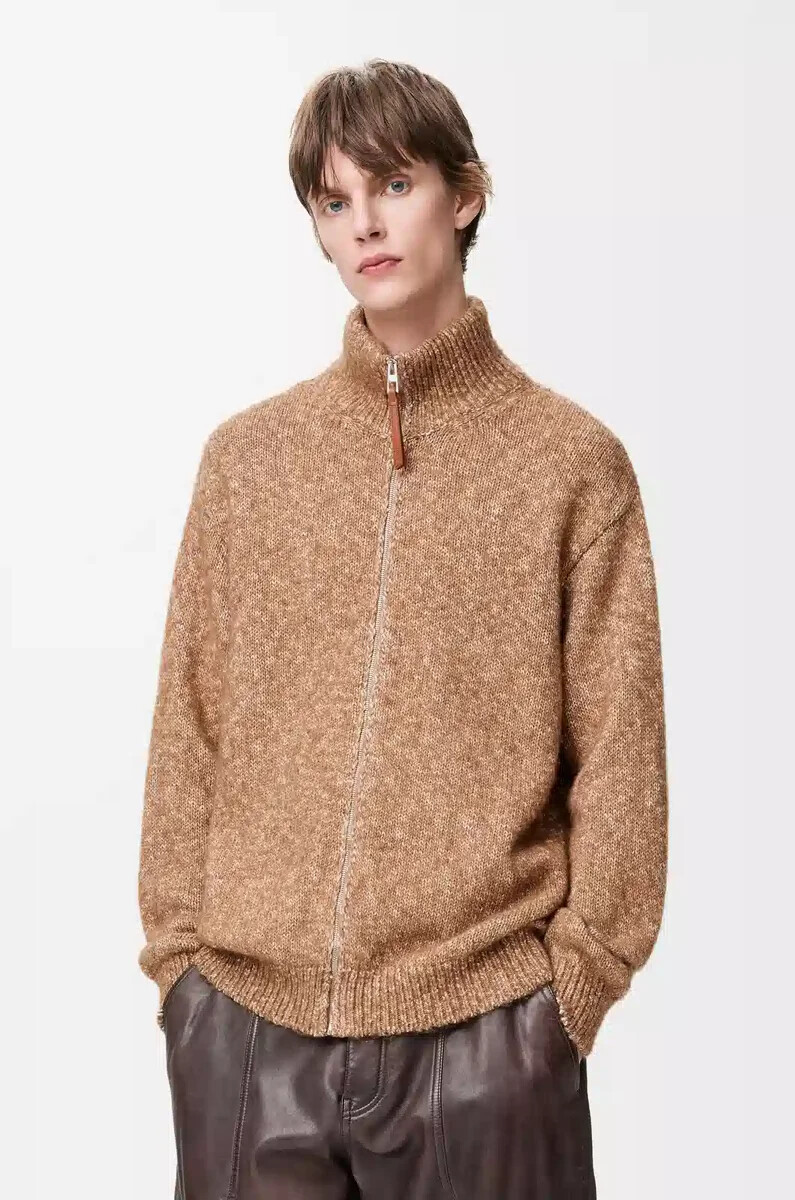 cardigan con zip in cotone lino e lana beige