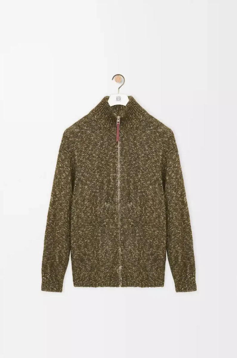 cardigan con zip in cotone lino e lana verde cachi