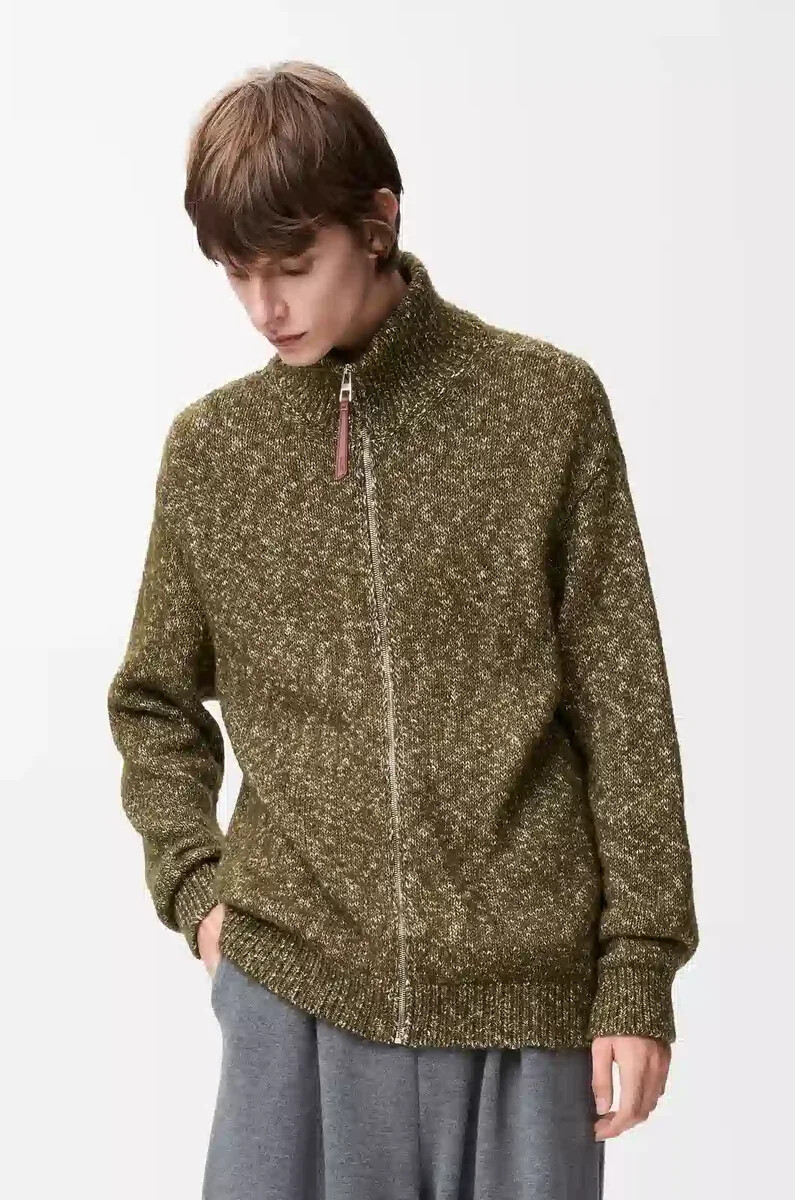 cardigan con zip in cotone lino e lana verde cachi