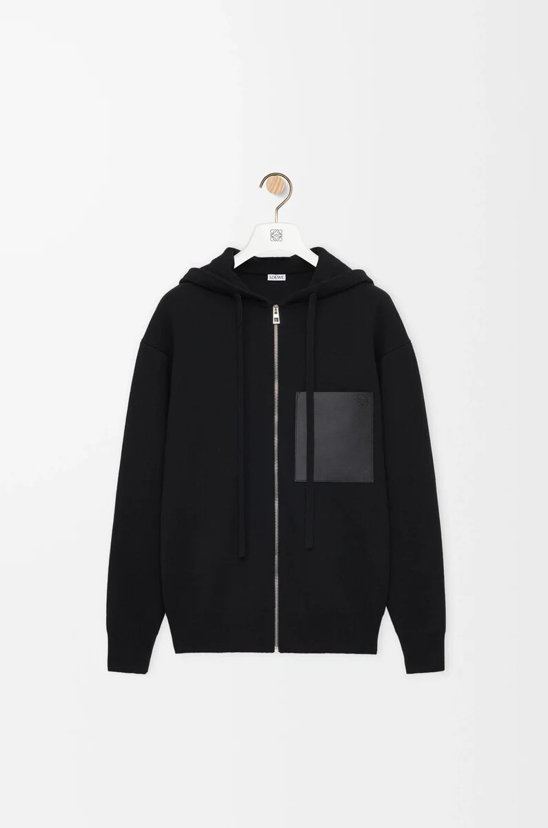felpa con cappuccio e zip in lana nera
