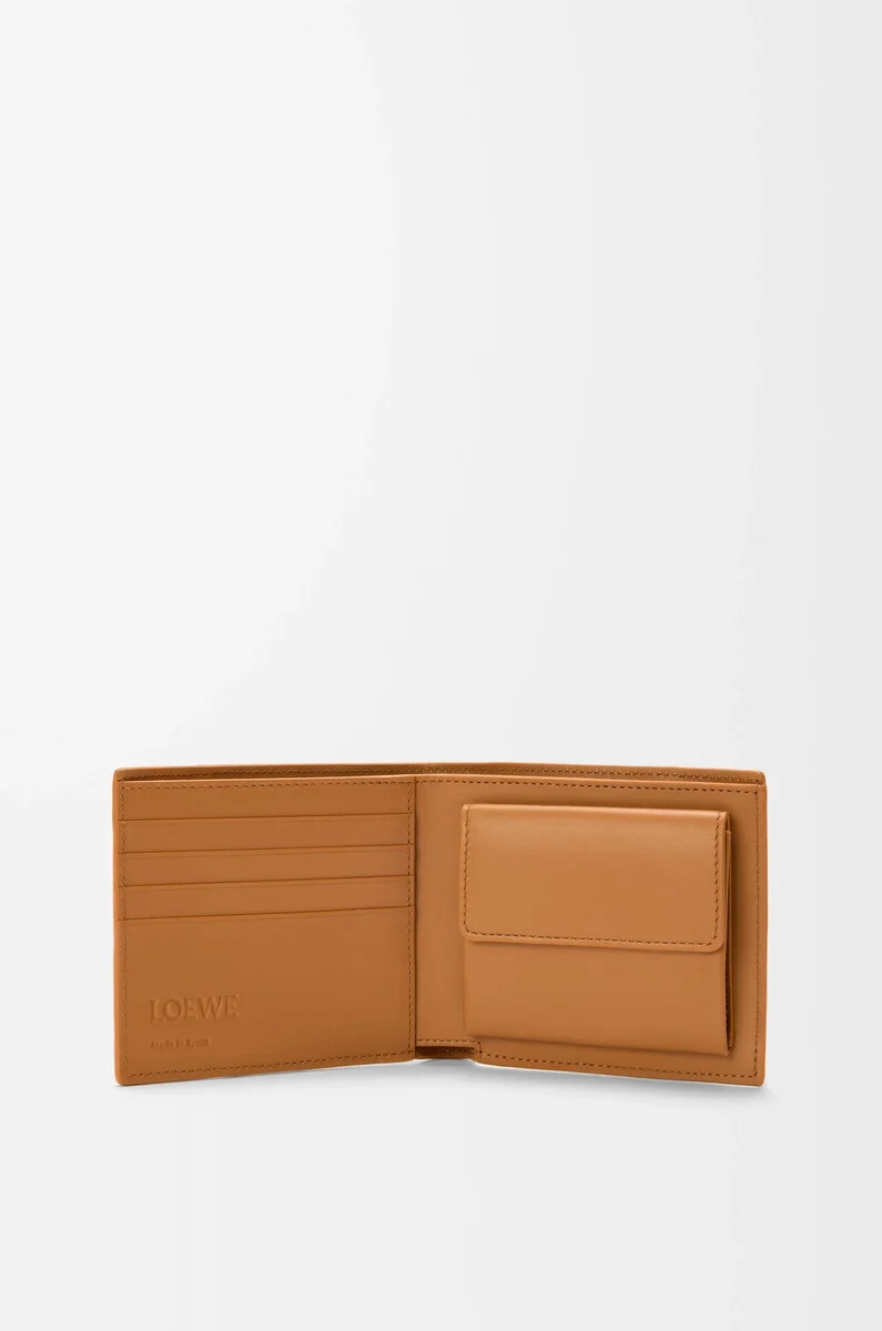 portafoglio portamonete puzzle bifold in morbida pelle di vitello grana light canyon brown
