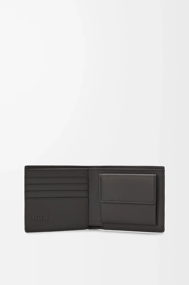 portafoglio portamonete bifold in pelle di vitello classica testurizzata grigio scuro