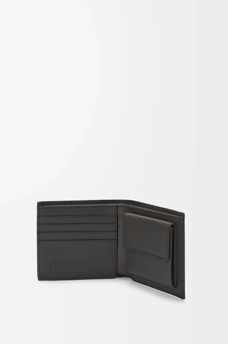 portafoglio portamonete bifold in pelle di vitello classica testurizzata grigio scuro