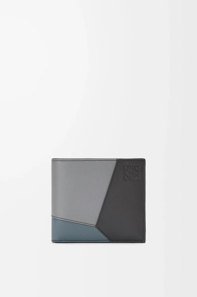 portafoglio bifold puzzle in pelle di vitello classica grigio asfaltoblu tempesta
