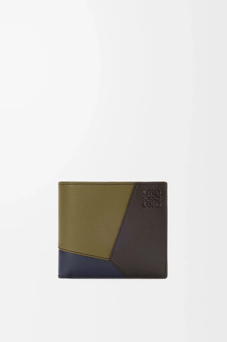 portafoglio bifold puzzle in pelle di vitello classica olivamarrone scuro