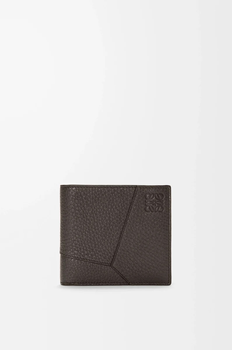 portafoglio portamonete puzzle bifold in morbida pelle di vitello grana grigio scuro