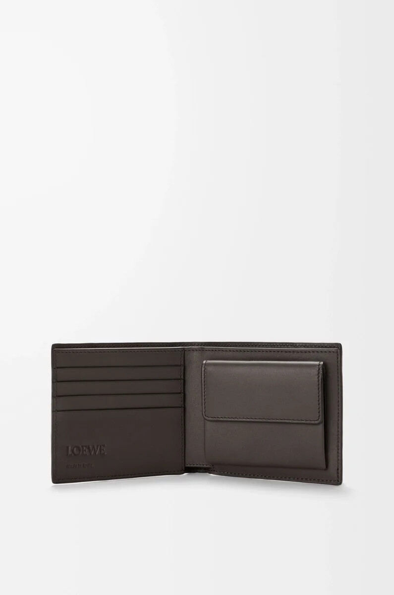 portafoglio portamonete puzzle bifold in morbida pelle di vitello grana grigio scuro