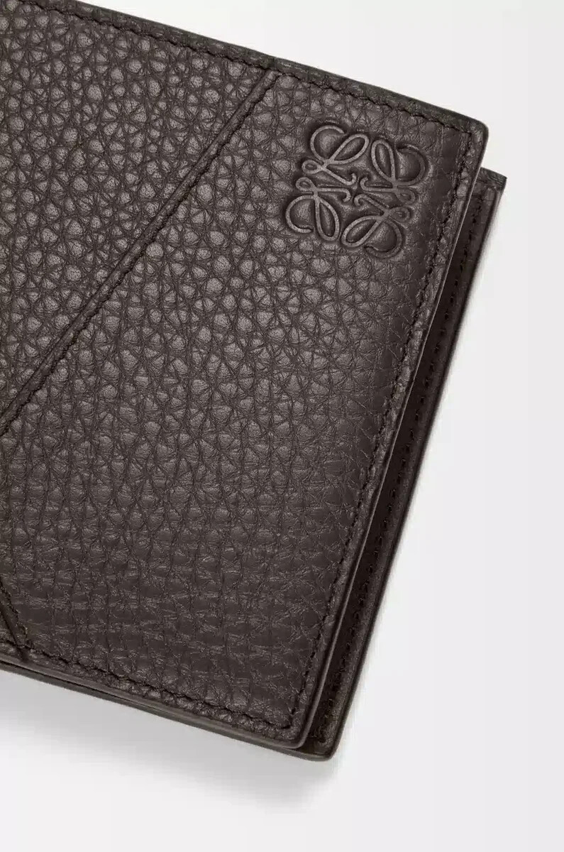 portafoglio portamonete puzzle bifold in morbida pelle di vitello grana grigio scuro