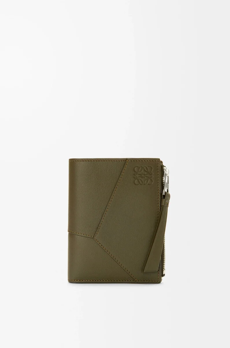 portafoglio sottile e compatto puzzle in pelle di vitello classica dark khaki