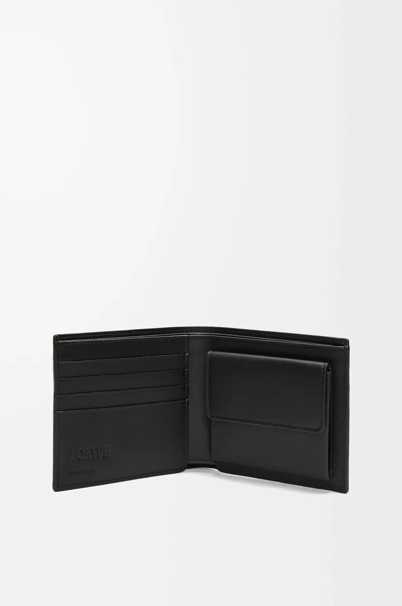 portafoglio portamonete bifold in pelle di vitello satinata nero