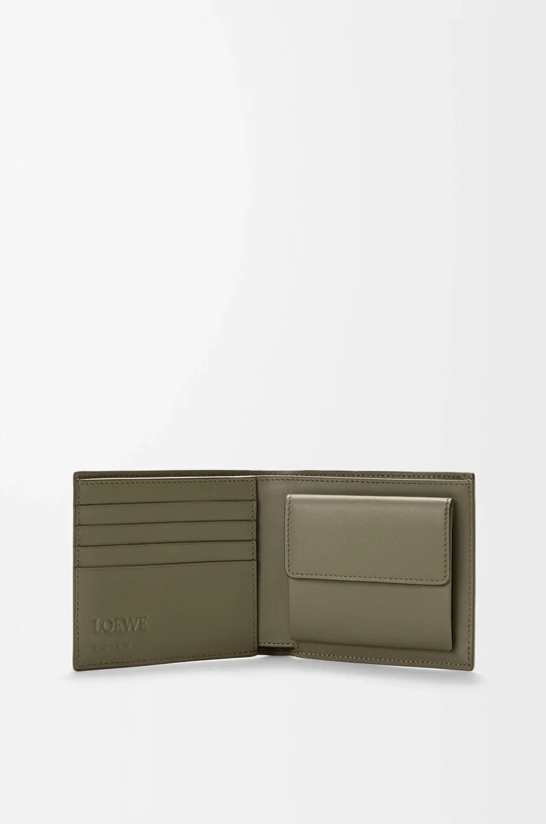 portafoglio portamonete bifold in pelle di vitello satinata verde kaki