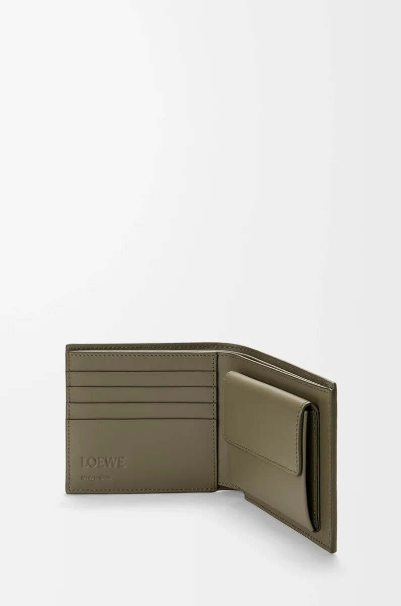 portafoglio portamonete bifold in pelle di vitello satinata verde kaki
