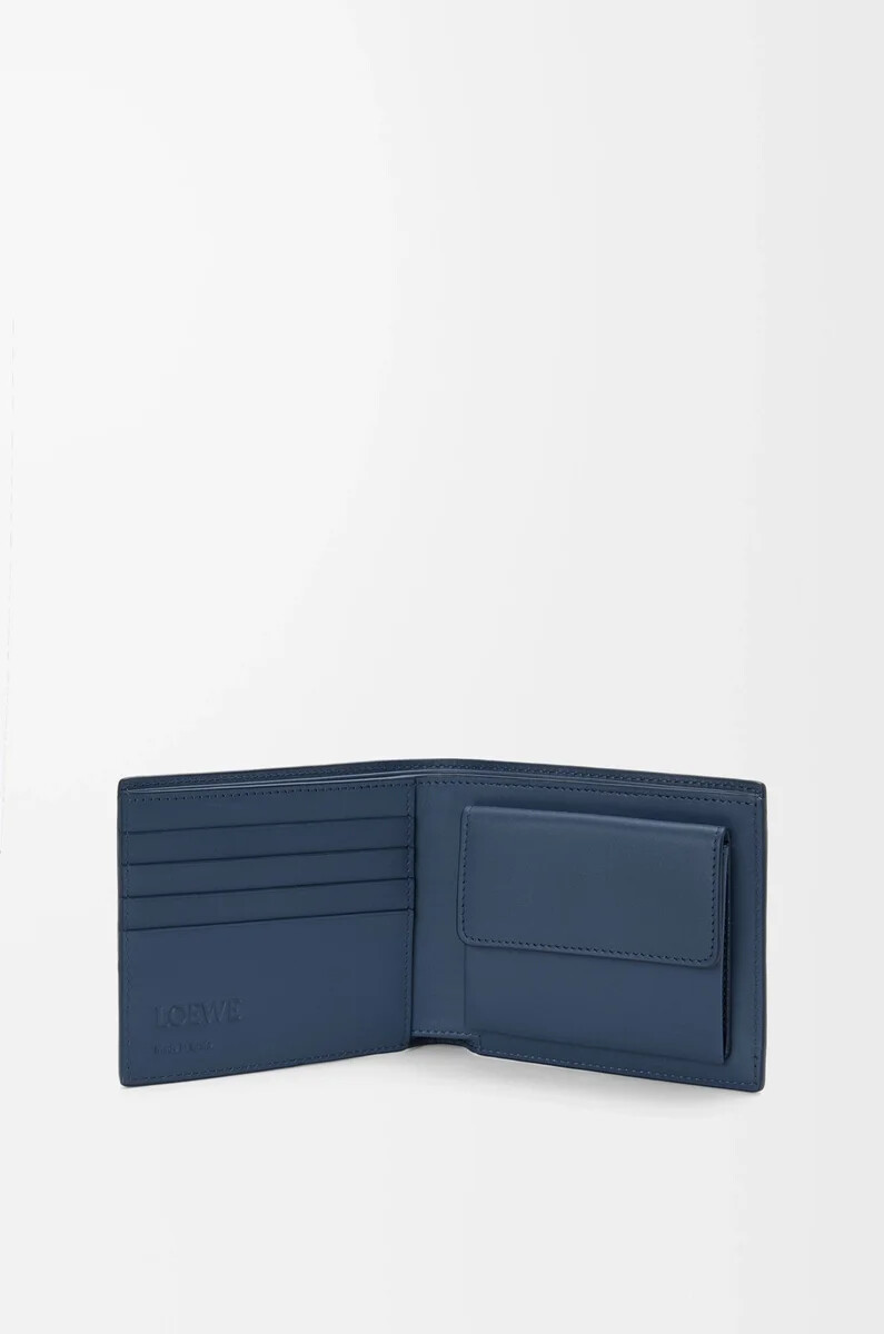 portafoglio portamonete bifold in pelle di vitello satinata indigo dye